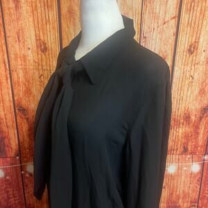 NWT DKNY tie front 100% silk black buttondown collared top women size 14 RV $198